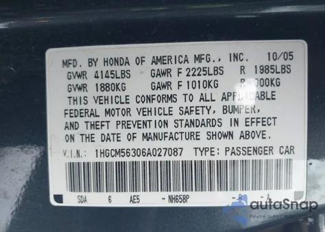 2006 Honda Accord 2.4 Se z USA, uszkodzony, nr VIN 1HGCM56306A027087